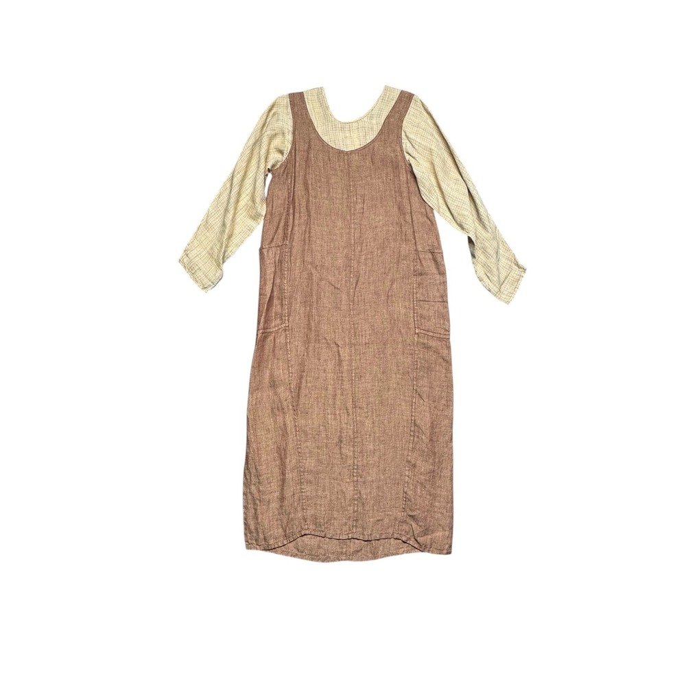 FLAX Linen Maxi Dress Brown Lagenlook Long Sleeve Layered Pockets Coastal Small